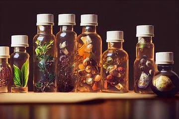 Veel flesjes medicijnen en kruidenachtergrond van Animaflora PicsStock