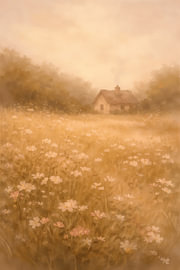 A dreamy flower meadow with a cottage in the morning mist by DesignDoodle