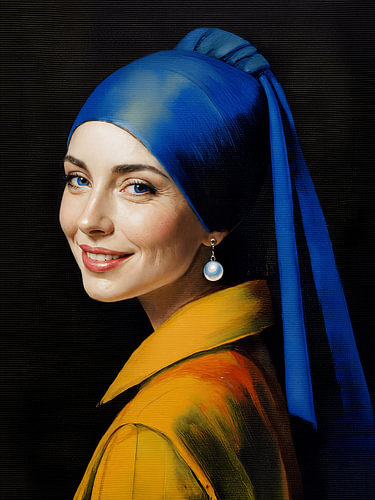 Eigentijds Portret van het Meisje met de Parel van Johannes Vermeer in Contrastrijk Blauw en Geel.
