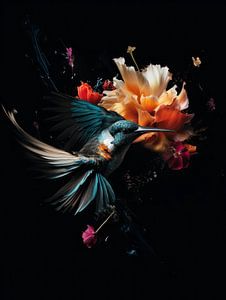 Kolibri in einer Explosion von Blumen, Farben und Federn