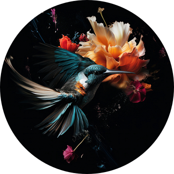 Kolibrie in een Explosie van Bloemen, Kleuren en Veren