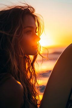 Surfeuse au coucher du soleil sur la mer sur Poster Art Shop