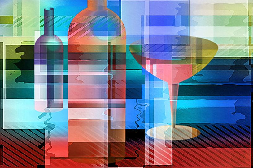 Still life with bottle and glass, cubist by Rietje Bulthuis