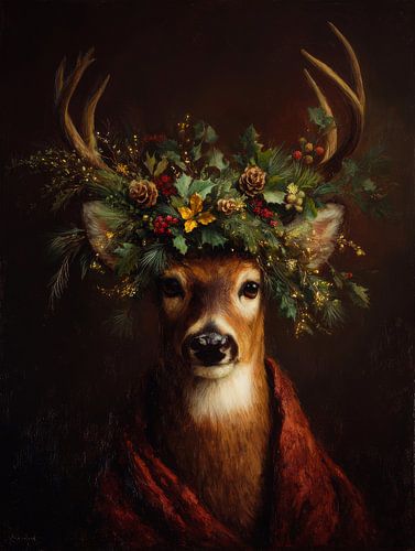 Cerf avec guirlande d'hiver dans une atmosphère sombre sur But First Framing