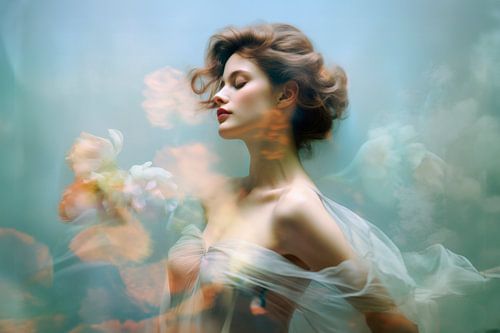 Portret van een Vrouw met Bloemen – Romantisch en Poëtisch Kunstwerk