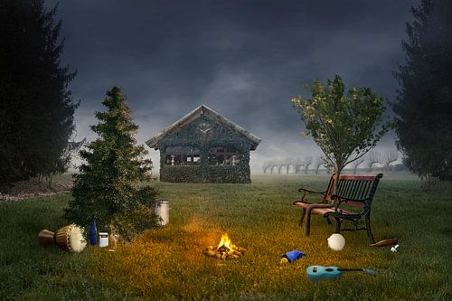 Reflectie op Mens en Natuur - Twee Bomen bij Kampvuur Kunstwerk