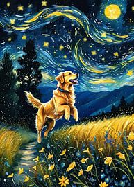 Golden Retriever Jumping — Starry Night Theme