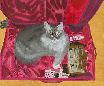 Kattenschilderij Kat Maine Coon op reis in koffer van Nelleke Bruno