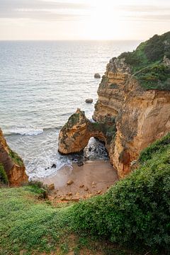 Green cliffs and hidden beach at sunrise, Ponta da Piedade - Lagos, Algarve by Linsy Steijvers
