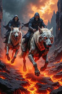 Dark Fantasy Wandbild: APOKALYPSE - Zwei Grim Reaper auf den weißen Höllenhunden