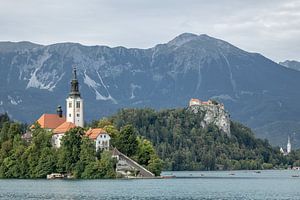 Blick auf die berühmte Kirche am Bleder See in Slowenien