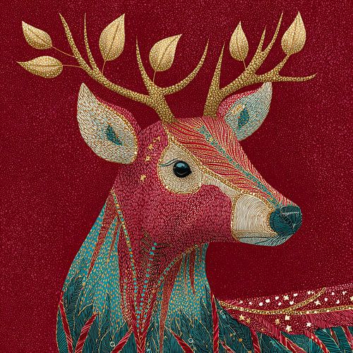 Stag in Gold Fantasy Ornate Patterns on Deep Red