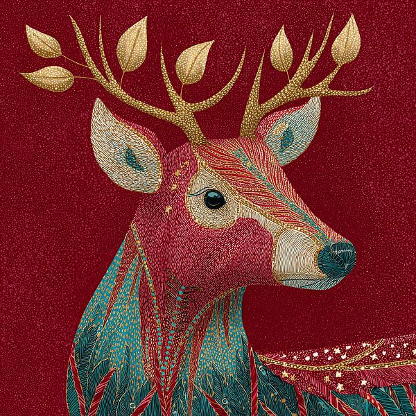 Stag in Gold Fantasy Ornate Patterns on Deep Red by Eva Lee