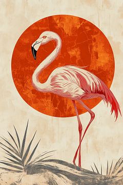Flamingo bij Rode Zon Vintage Natuurkunst van Eva Lee