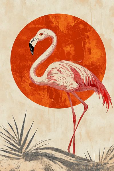Flamingo bij Rode Zon Vintage Natuurkunst van Eva Lee