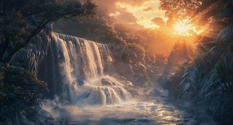 Ontwaken bij de waterval van fernlichtsicht