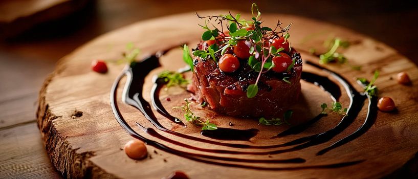 Finely prepared steak on a wooden platter by Poster Art Shop