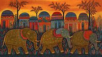 Olifanten lopen langs dorp - Gond