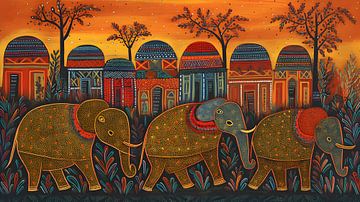 Elephants walk past village - Gond by FJB