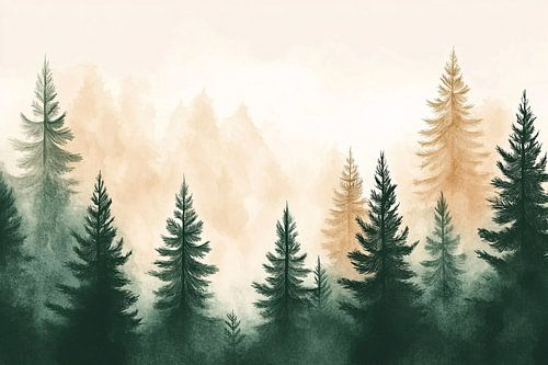 Mistig bos in aquarel