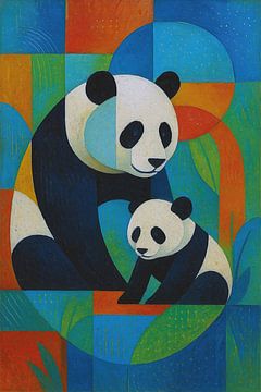 Geometrische Illustration eines Pandas mit Jungtier. von Galerie Hoppenbrouwers