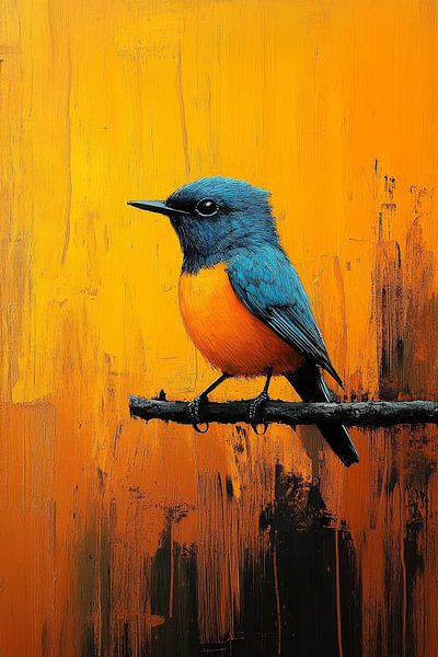 Oiseau sur une branche dans une flamme orange et bleue par Eva Lee