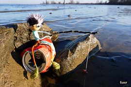 Angeln Fubby auf einer Dose am Wasser. von Sailographic Paula