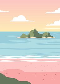 Minimalist flat nature vector illustration of a tropical island in a calm sea under pastel clouds.
