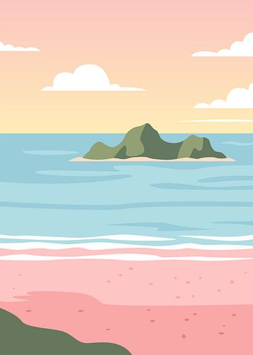 Illustration vectorielle minimaliste et stylisée représentant une île tropicale au milieu d'une mer calme, sous des nuages aux teintes pastel.