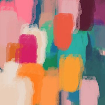Pastel dromen. Kleurrijk abstract schilderij in geel, oranje, groen en roze van Dina Dankers