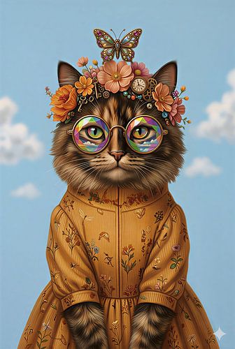 Verspieltes Steampunk-Katzenporträt mit Blumenkranz und Kaleidoskopbrille