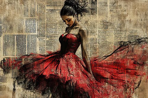 Vrouw in rode jurk - Elegant Urban Street Art Schilderij