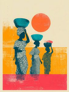Afrikanische Silhouetten mit Körben in der Sonne
