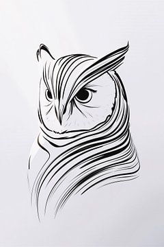 Dessin minimaliste en noir et blanc d'un hibou sur De Muurdecoratie