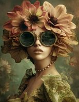 Bezauberndes Porträt mit Blumen und Retro-Sonnenbrille