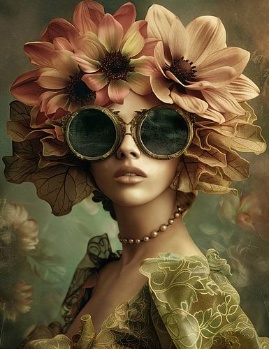 Portrait enchanteur avec fleurs et lunettes de soleil rétro