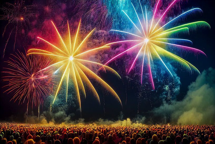 Feux d'artifice au-dessus d'une ville avec des gens Illustration par Animaflora PicsStock