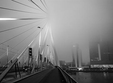 De mistige Erasmusbrug met de skyline van Rotterdam langs de maas op de achtergrond