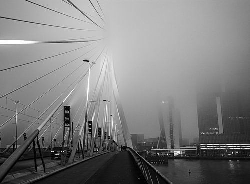The misty Erasmus Bridge with Rotterdam's skyline along the Maas in the background