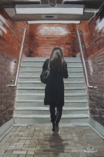 Dame dans les escaliers. Peinture de Toon Nagtegaal