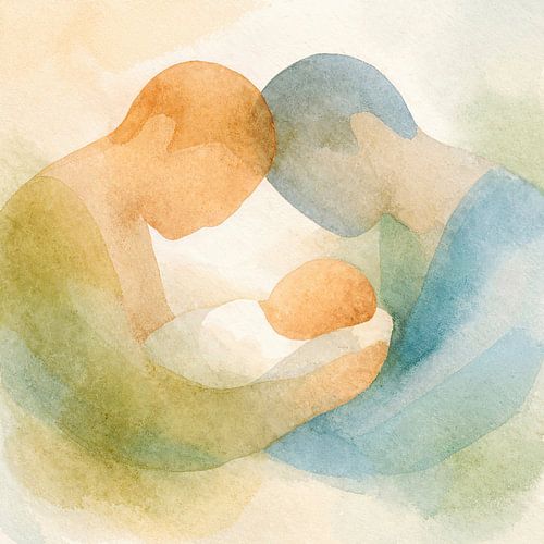 Twee vaders met hun pasgeboren baby (AI) (schilderij, gezin, adoptie, homo, stellen, papa)