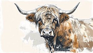 Schottische Highlander-Zeichnung im Aquarellstil in Beige, Rotbraun und Taupe