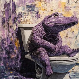 Alligator Op Toilet in Expressieve Kleurrijke Impasto-Stijl van Eva Lee