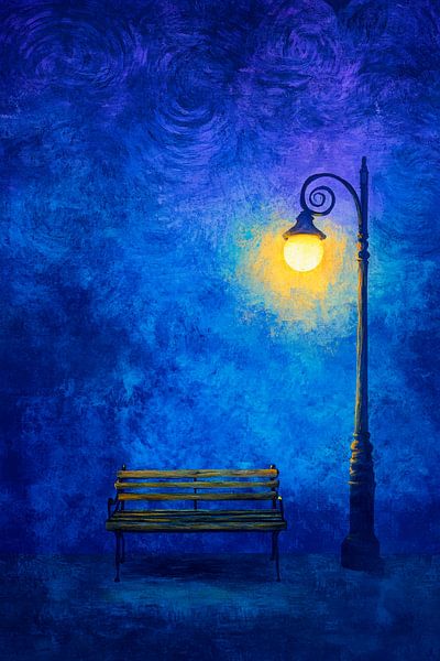 Blauwe parkbank met lantaarn - Pittoresk van Poster Art Shop