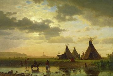 Albert Bierstadt,Zicht op Schoorsteenrots, Ogalilah Sioux Villag