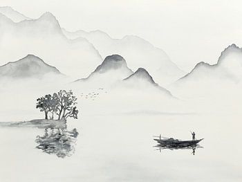 Frühmorgens raus zum Fischen (Schwarz-Weiß-Aquarellmalerei Landschaft Boot Meer Asien)