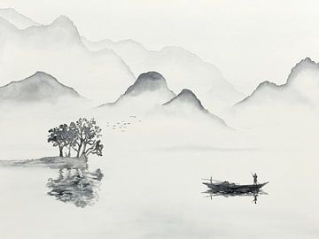 Out early in the morning to go fishing (black and white watercolor painting landscape boat sea Asia) by Natalie Bruns