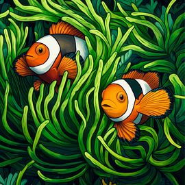 Bunte Clownfische im Korallenriff von Poster Art Shop