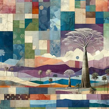 Mozaïek-collage bomen in landschap van Lois Diallo