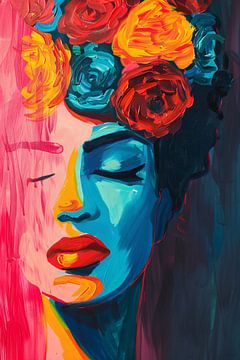 Abstracte vrouw met bloemen popart schilderij van De Muurdecoratie